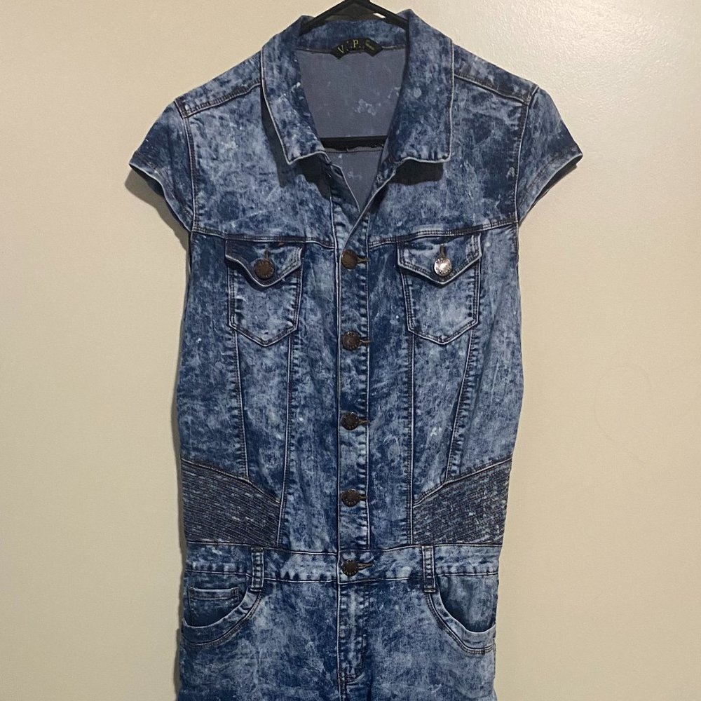 V.I.P. Jeans Button Front JUMPSUIT Full Body Suit Acid Washed Denim